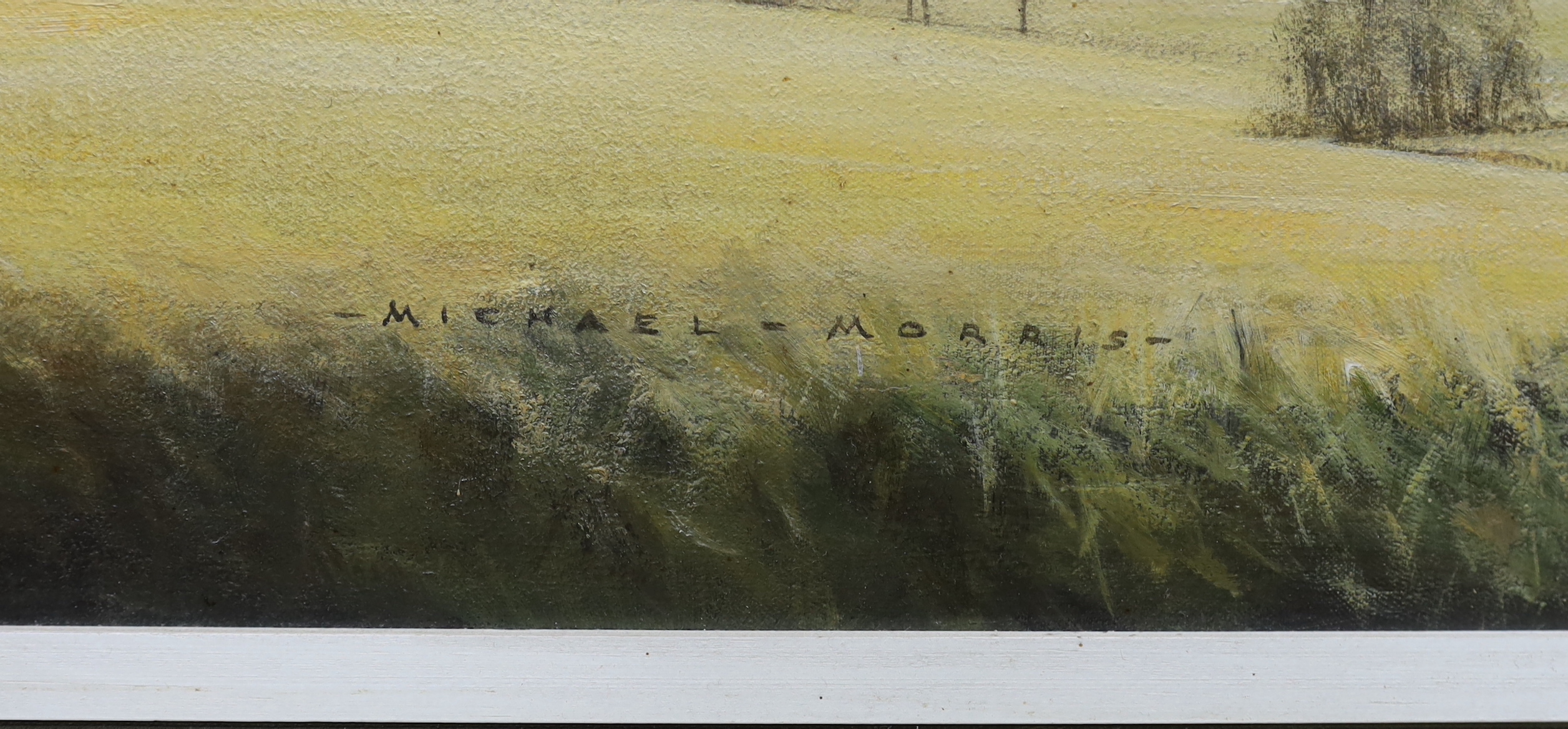 Michael Morris (1938-2010), oil on canvas, 'Wolstonbury Hill, Sussex', E. Stacy-Marks label verso, signed, 44 x 120cm